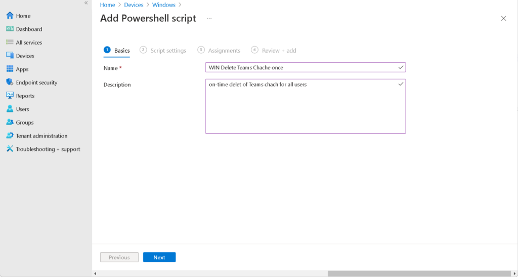 Intune PowerShell script configuration for Teams cache cleanup